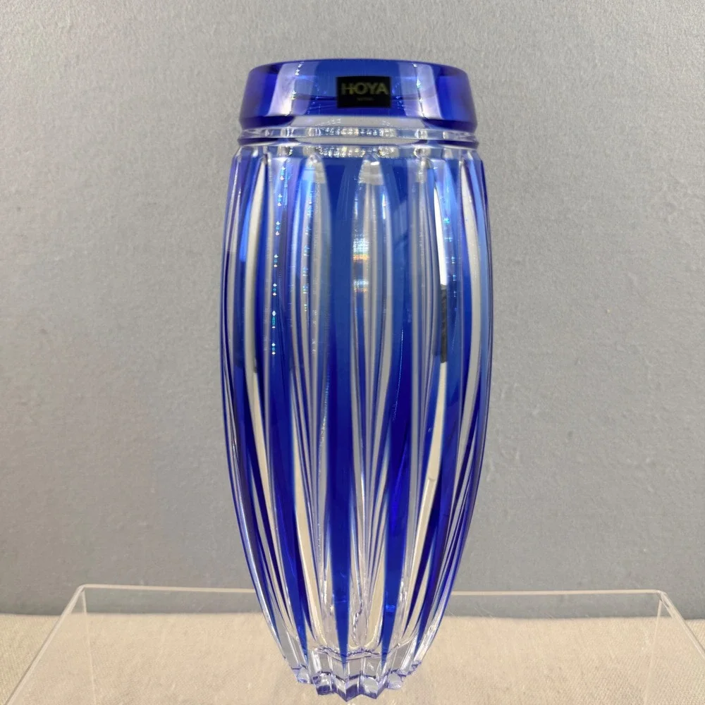 Hoya Cobalt Blue Cut Crystal‎ Vase Japanese Modernist Faceted 8